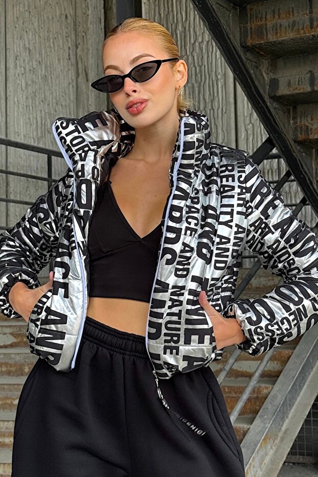 Gray Printed Stand Collar Zippered Crop Padded Lined Coat Vs01297