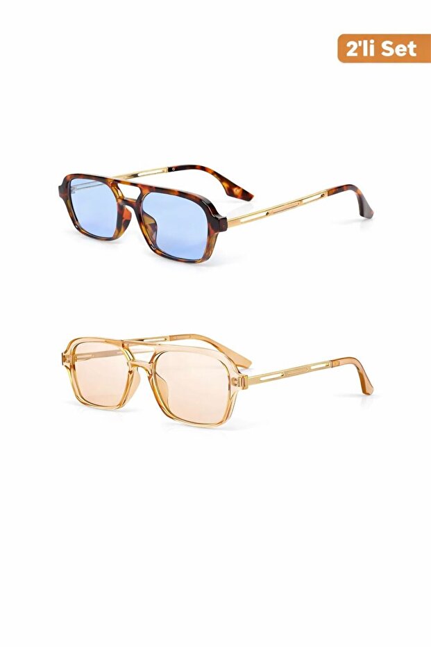 Retro Square Sunglasses Set of 2 Leopard Blue Glass and Clear Beige Glass Uv400 Protected