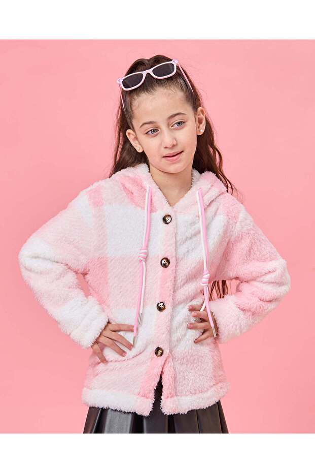 Girls Pink Checkered Hooded Jacket