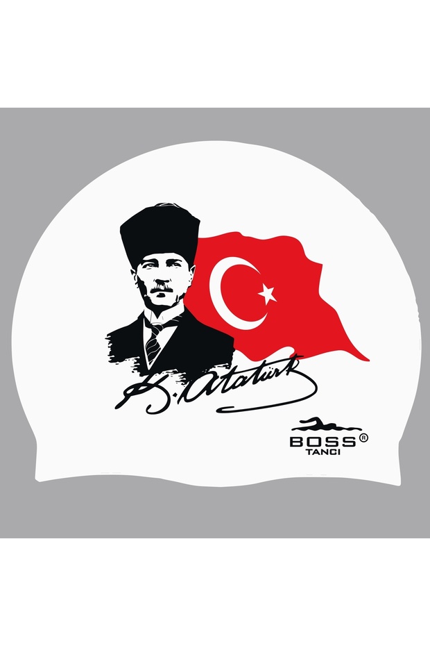 Ataturk Silhouette and Turkish Flag Printed Silicone Swimming Cap Pool and Sea Swimming Cap