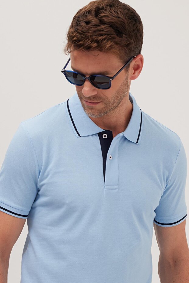 Men's Slim Fit Slim Fit 100% Cotton Soft Textured Cool Fabric Solid Pique Blue Polo Neck T-Shirt