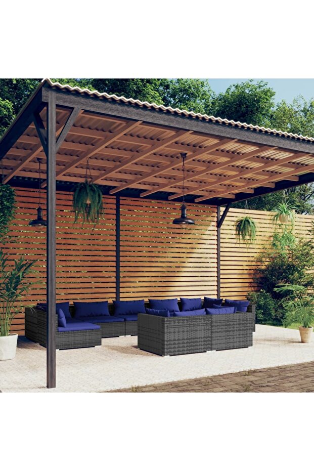 9 Piece Garden Lounge Set with Cushions Grey Poly Rattan