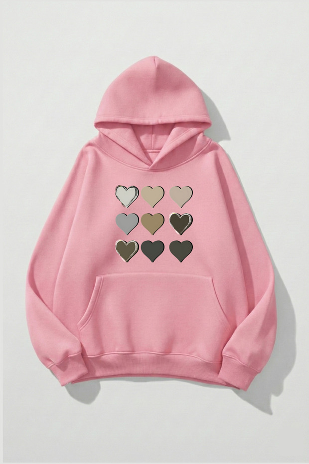 Unisex Soft Textured 9-Piece Heart Printed Design Oversized 3 Thread Hoodie Sweatshirt