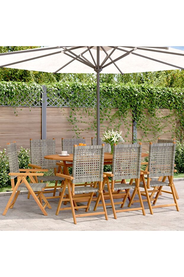 Reclining Garden Chairs 8 pcs Grey Poly Rattan and Solid Wood