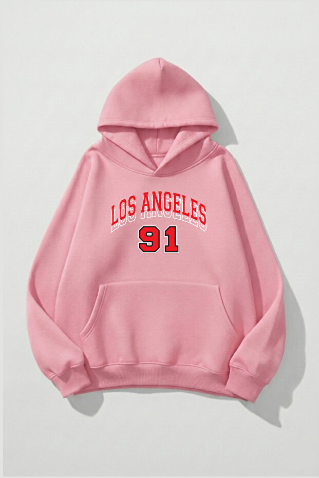 Unisex Soft Textured Los Angeles 91 Printed Design Oversized 3 Thread Hoodie Sweatshirt