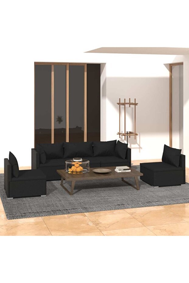 5 Piece Garden Lounge Set with Cushions Poly Rattan Black