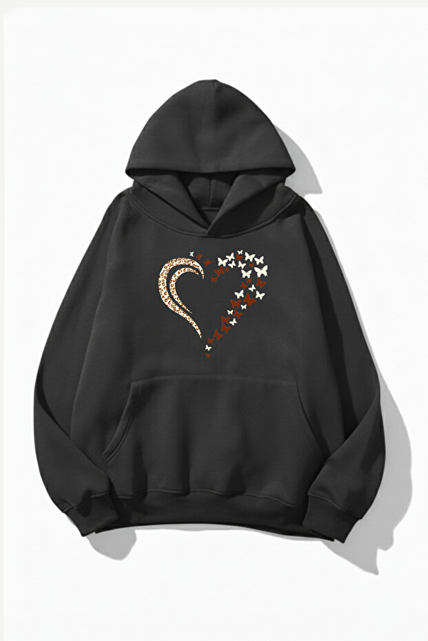 Unisex Soft Textured Butterfly Leopard Heart Printed Design Oversized 3 Thread Hoodie Sweatshirt