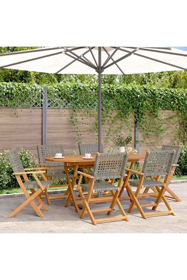 Folding Garden Chairs 6 pcs Grey Poly Rattan and Solid Wood