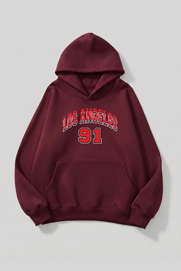 Unisex Soft Textured Los Angeles 91 Printed Design Oversized 3 Thread Hoodie Sweatshirt
