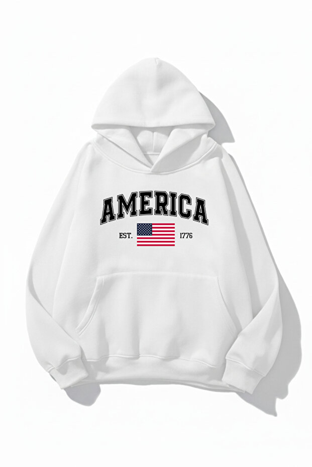 Unisex Soft Textured America Printed Design Oversized 3 Thread Hoodie Sweatshirt