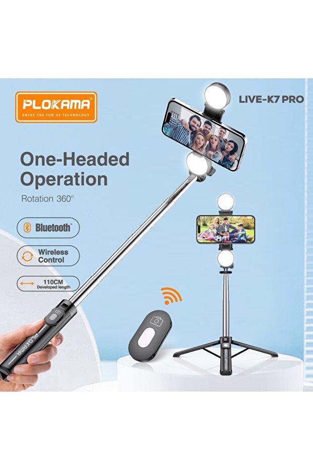 Live-K7 Pro 3-in-1 Mobile Tripod & Selfie Stick with Dual LED Lights