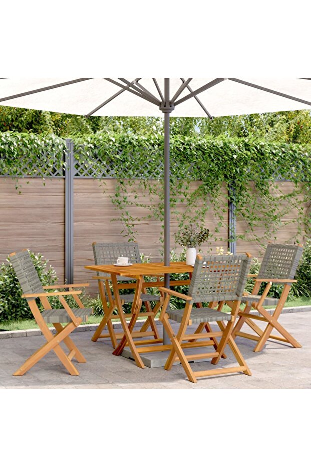 Folding Garden Chairs 4 pcs Grey Poly Rattan and Solid Wood