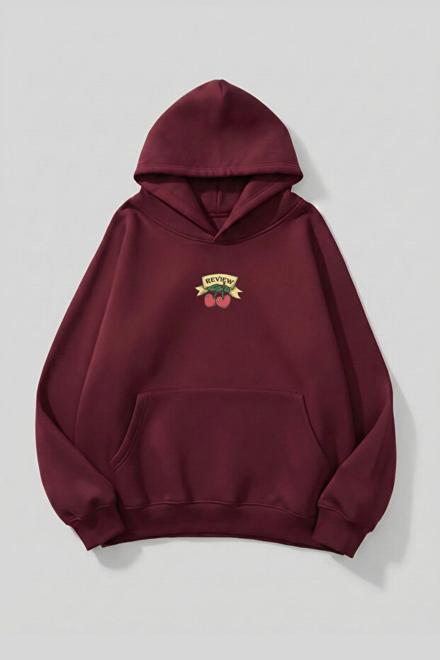 Unisex Soft Textured Review Cherry Printed Design Oversized 3 Thread Hoodie Sweatshirt