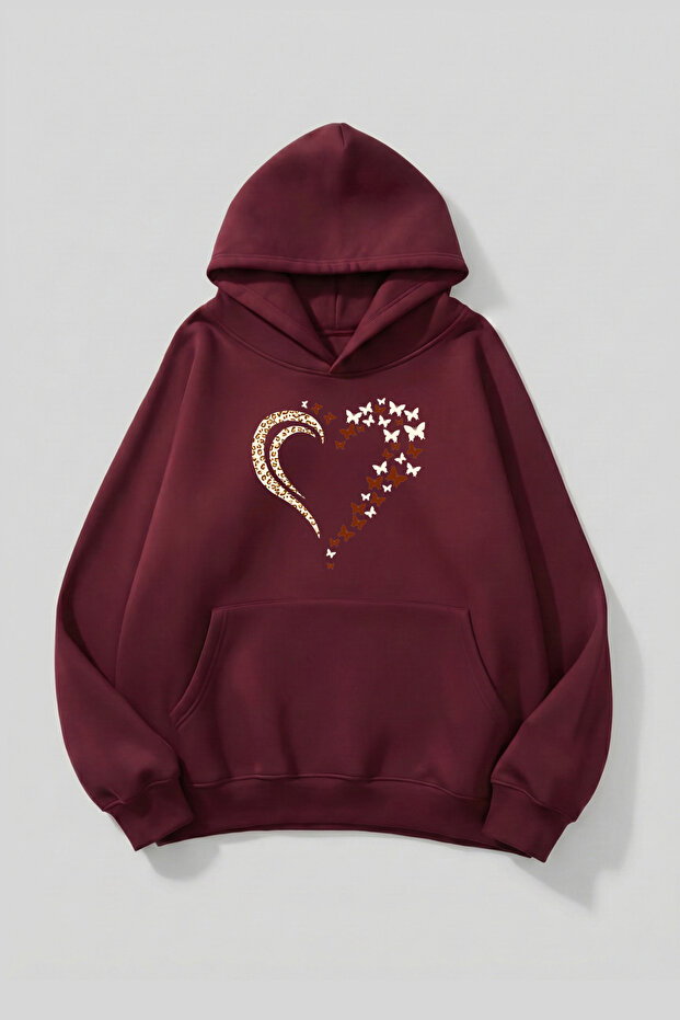 Unisex Soft Textured Butterfly Leopard Heart Printed Design Oversized 3 Thread Hoodie Sweatshirt