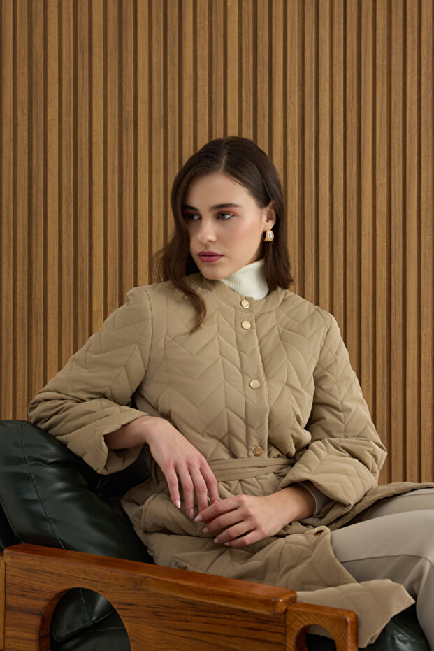 Beige Quilted Coat with Snap Buttons and Slit Detail on the Sides