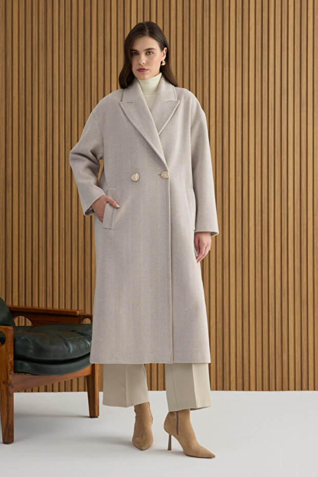 Beige Herringbone Patterned Coat - 1