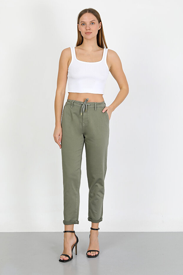 Kadın Kordonlu Örme Boyfriend Pantolon - 1