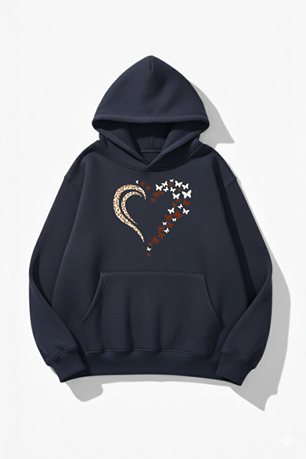 Unisex Soft Textured Butterfly Leopard Heart Printed Design Oversized 3 Thread Hoodie Sweatshirt