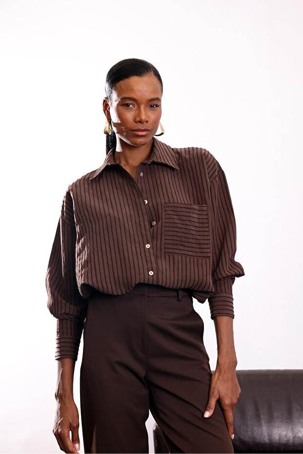 Brown Velvet Striped Oversized Shirt - 5000