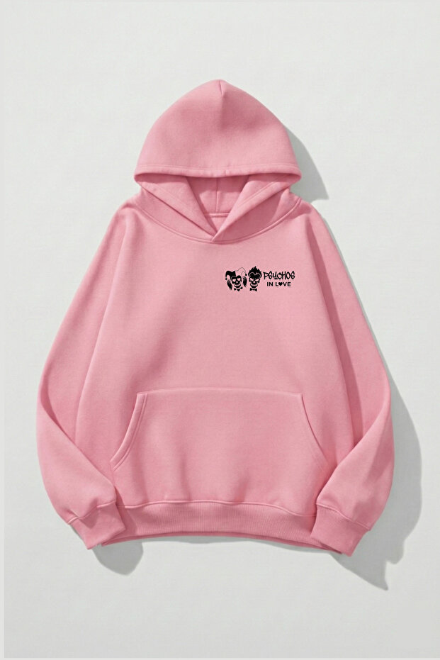 Unisex Soft Textured Psychos in Love Printed Design Oversized Thread Hoodie Sweatshirt