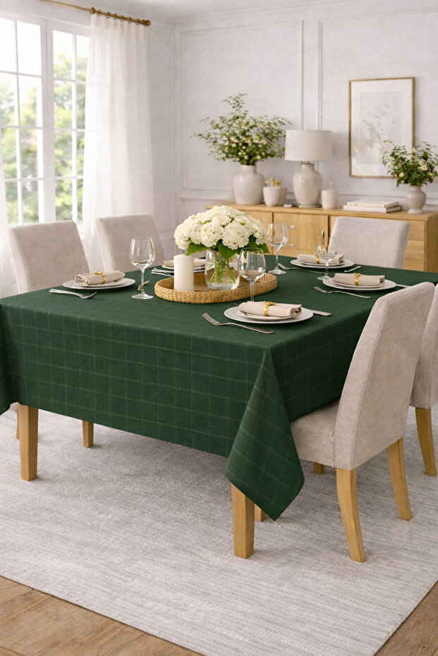 Checked Saten Tablecloth Green 100% Cotton Without Napkin