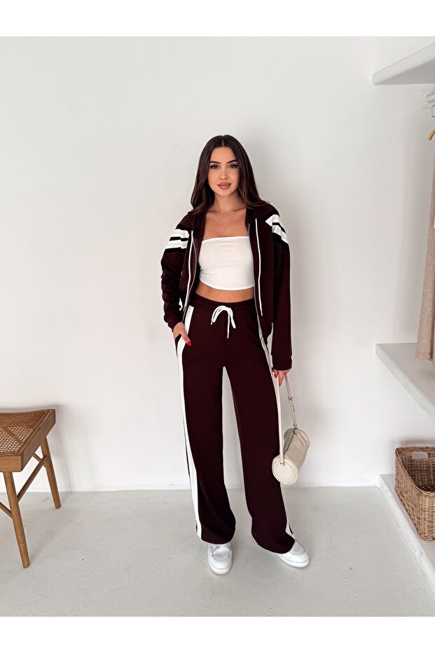 Women's Zippered Tracksuit with Hooded Side Stripes
