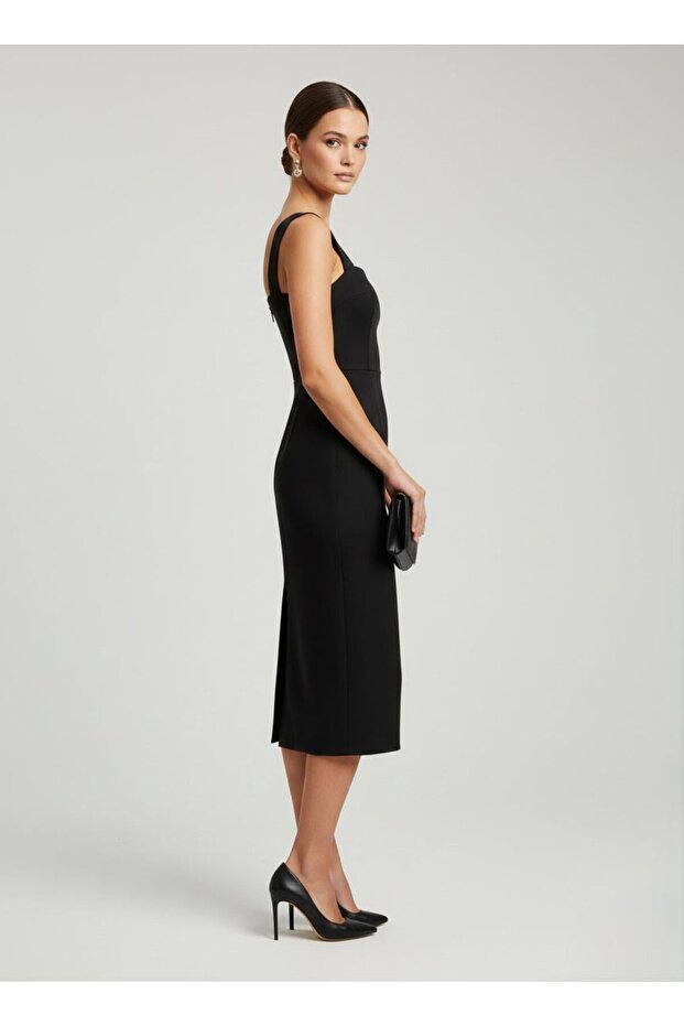 Kare Yaka Midi Elbise - 2