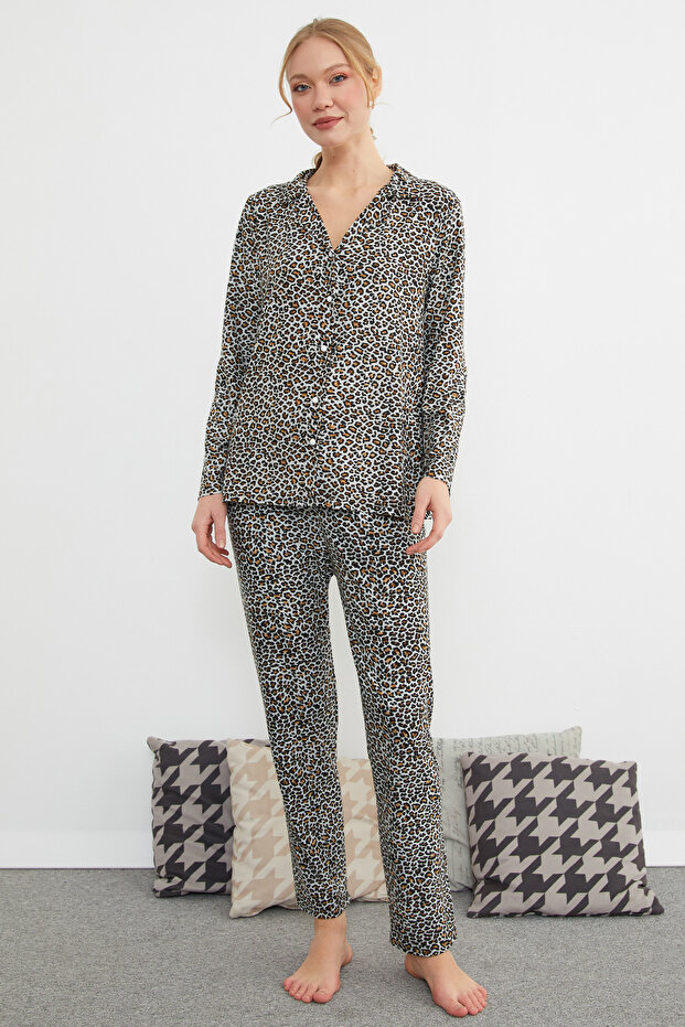 Leopard Patterned Polo Neck Buttoned Pajama Set - 2