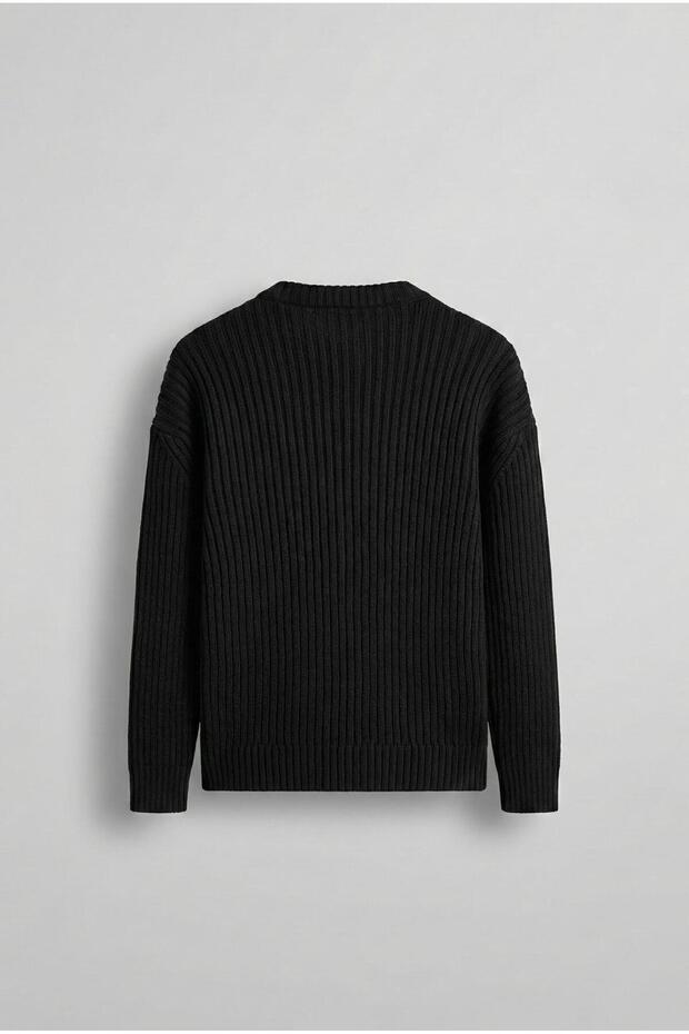 Erkek Oversize Fitilli Basic Triko Kazak Siyah - 6