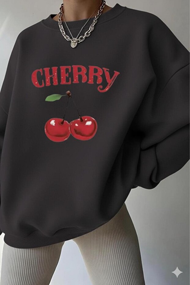 سترة نسائية من Anthracite Cherry مطبوع برقبة دائرية