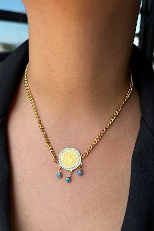 Stainless Steel Quarter Figured 3-Piece Evil Eye Bead Pendant Necklace