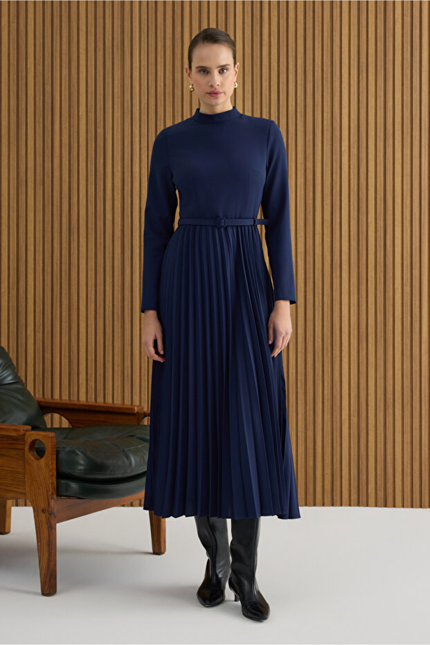 Lacivert Piliseli Elbise - 3