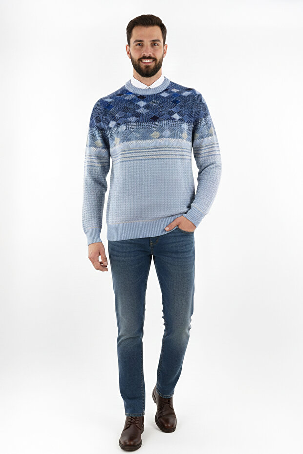 Men's Crew Neck Geometric Pattern Sweater - 2