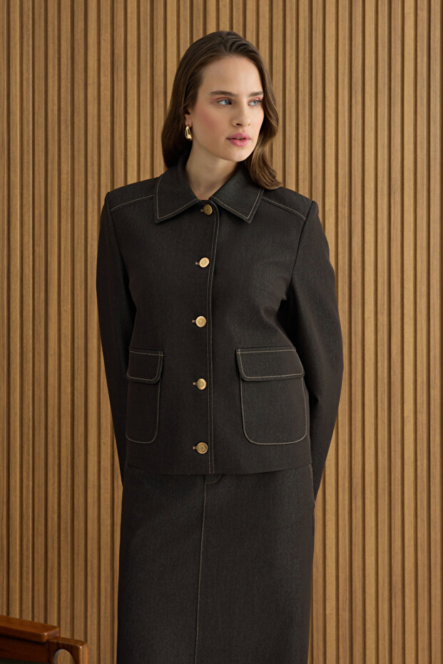 Brown Denim Look Short Jacket - 4