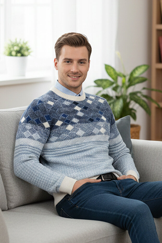 سترة رجالية بياقة دائرية ونقشة هندسية - 3