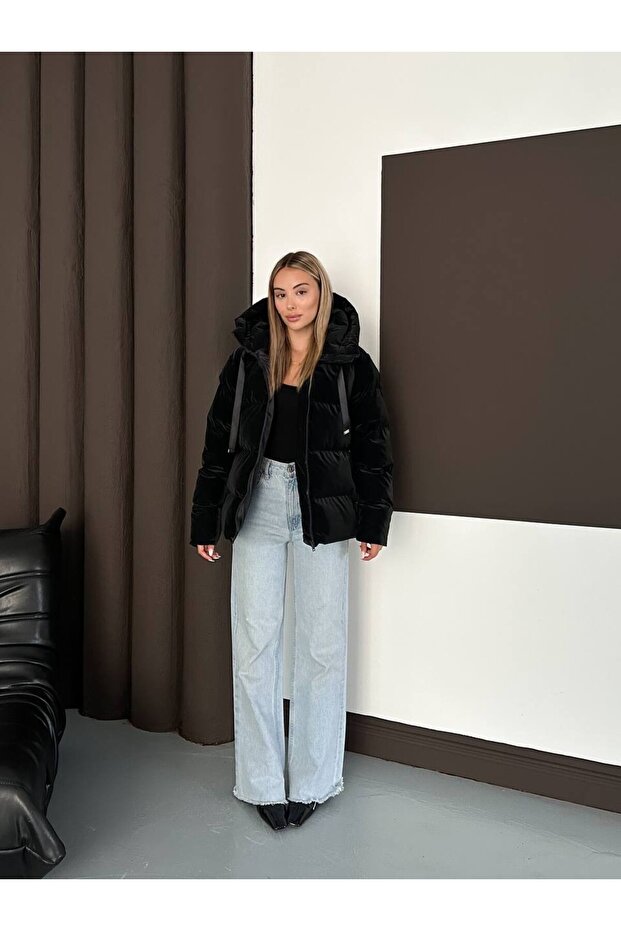 Kapüşonlu Kadife Puffer Mont - 5