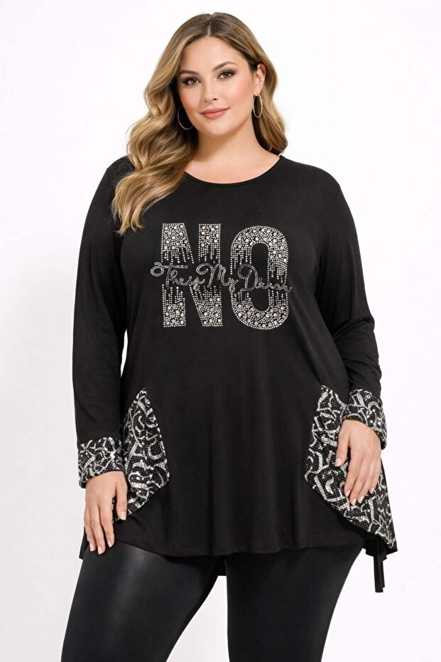 Plus Size Knitted Viscose Blouse with Stone Detail on the Front and Mesh Detail Black