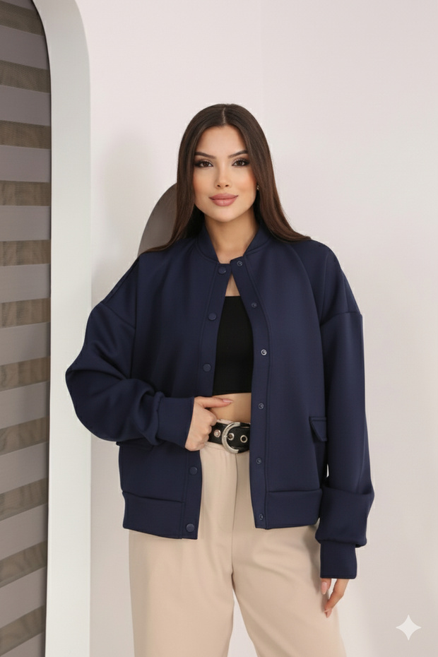 Women's Navy Blue Scuba Knitted Jacket with Pocket Detail and Snap Detail