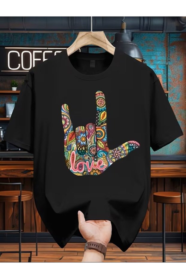 Printed T-Shirt with Stylish Design and Love Detail and Peace Symbol