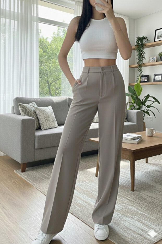 Morena Basic Geniş Paça Krep Pantolon - 1