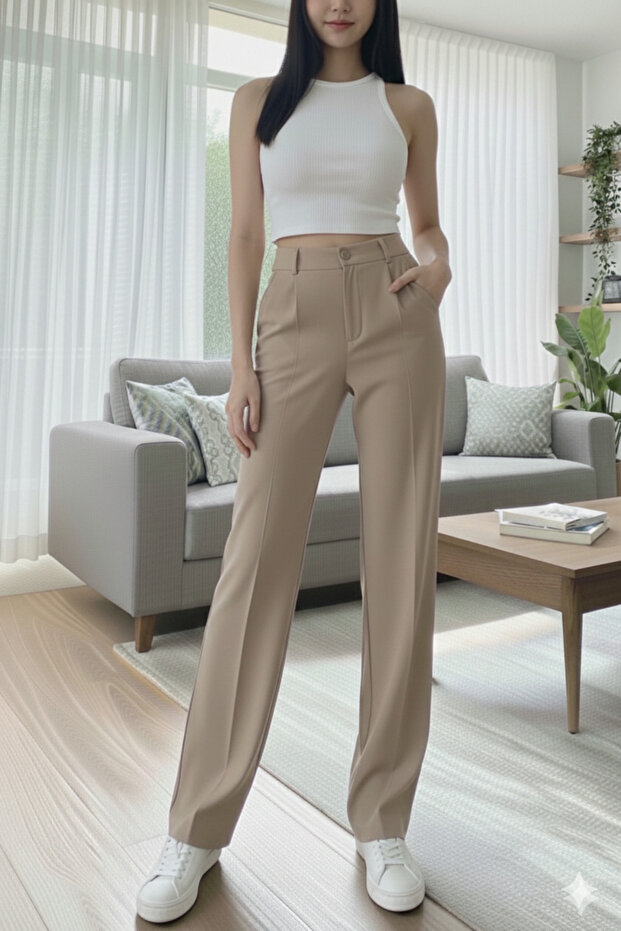 Morena Basic Geniş Paça Krep Pantolon - 5