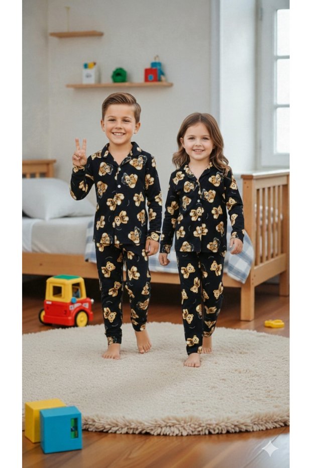 Arnhomewear Sister Brother Family Matching Teddy Bear Printed Winter Suede Fabric Pajamas Set (the Price Is for One Set)