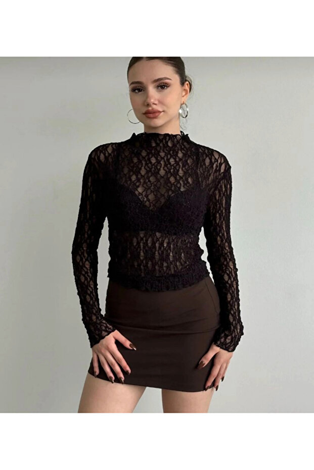 Siyah Transparan Dantelli Badi - 2