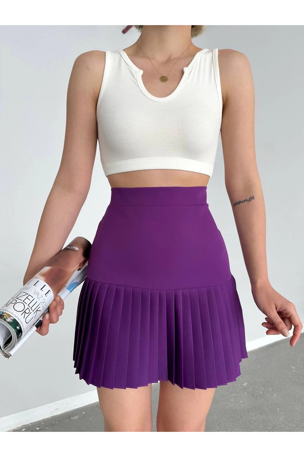 Altı pliseli mini etek Mor s24705 - 1