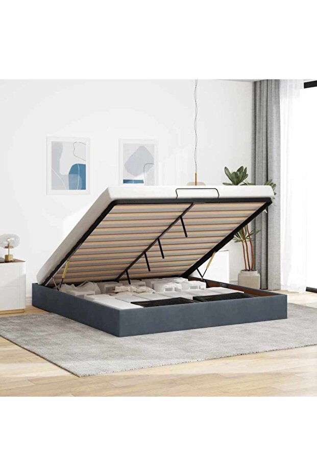 Ottoman Bed Frame No Mattress Dark Grey 200x200 cm Velvet