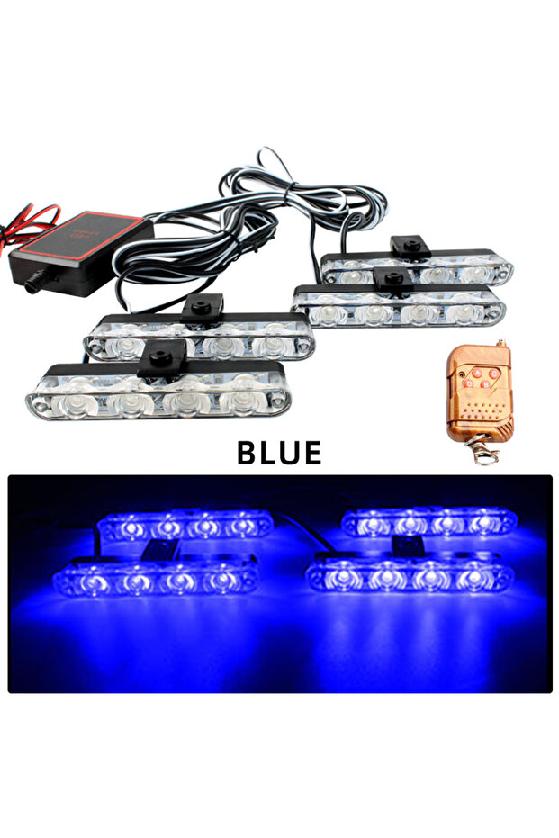 Blue 4 In 1 Red Blue Emergency Strobe Lights Police Lights 12V With Wireless Remote Control Flash Gr