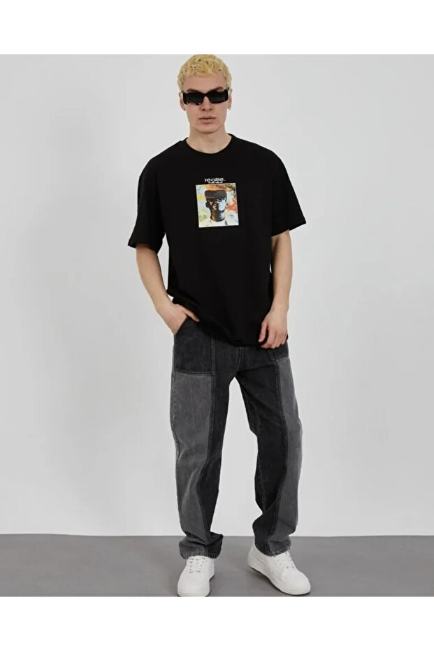 Unisex Crew Neck Printed Oversize T-Shirt - Black