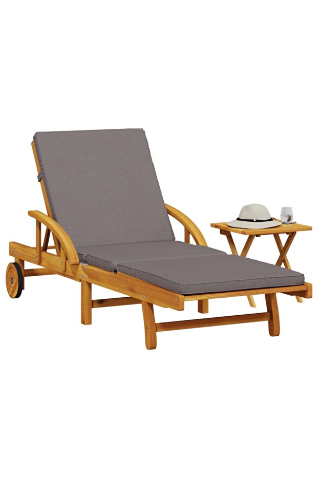 Sun Lounger with Cushion and Table Solid Wood Acacia