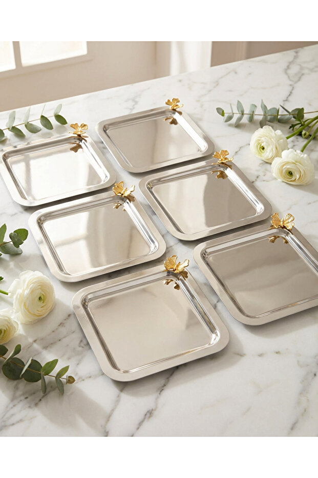 Nolin Silver Stainless Steel 6-Piece Set Gold Butterfly Detail General Serving Tray Coffee Serving Tea Tray