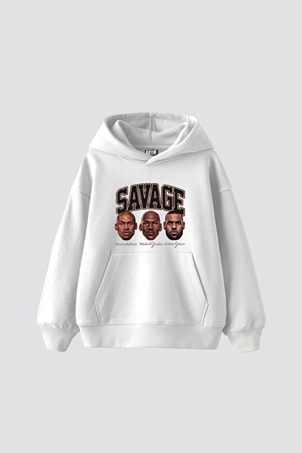 Savage Boys Printed Oversized Unisex White Hoodie
